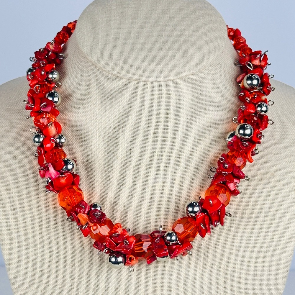 Bold Red Cluster‎ Necklace Coral Chip Faceted Bead Silver Tone Maximalist Collar